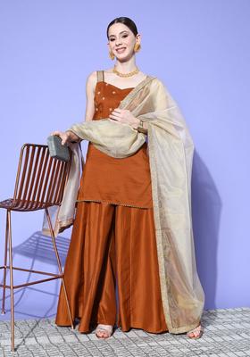 Rust Embroidered Silk Blend Kurta Set