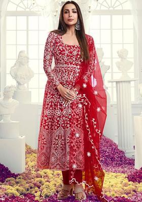 Red Embroidered Net Kurta Set