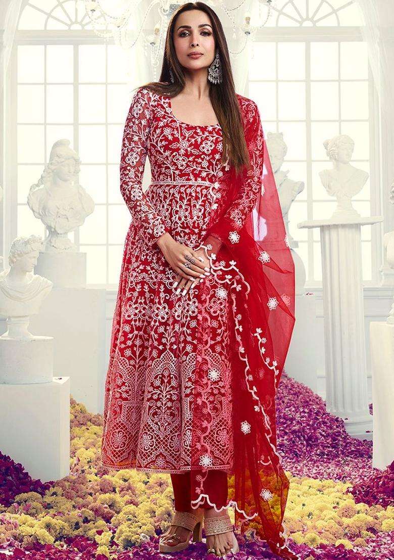 Red Embroidered Net Kurta Set - Indya