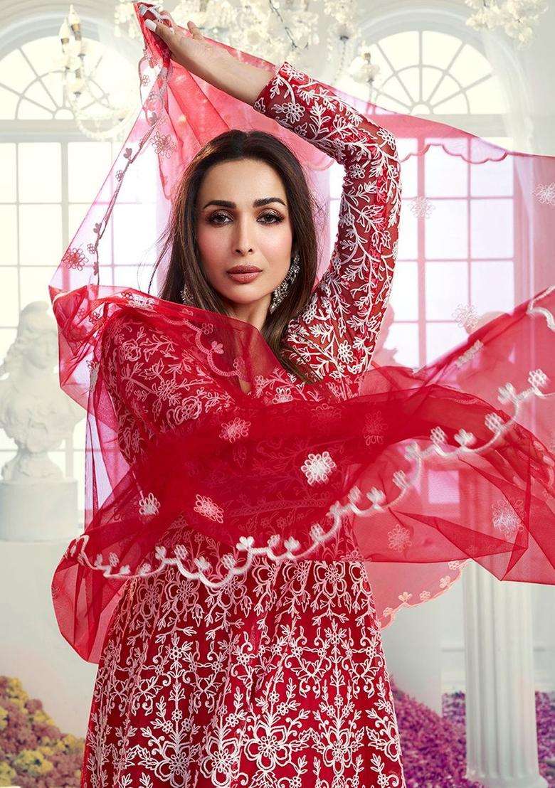 Red Embroidered Net Kurta Set - Indya
