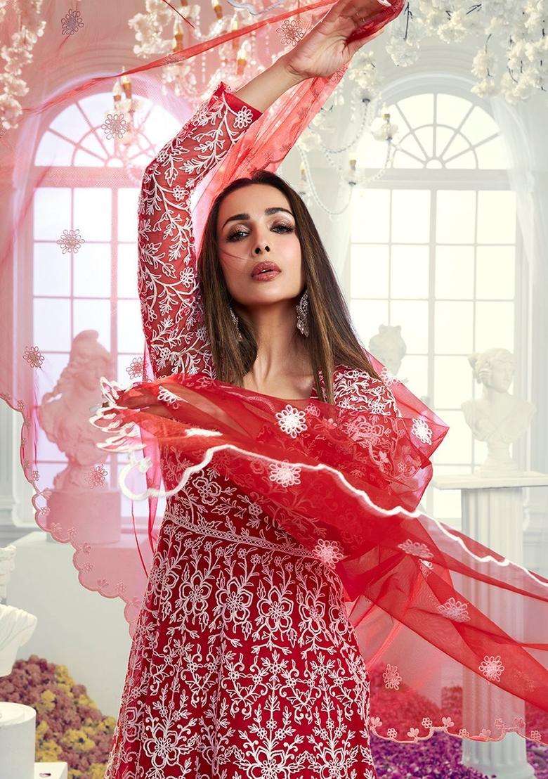 Red Embroidered Net Kurta Set - Indya