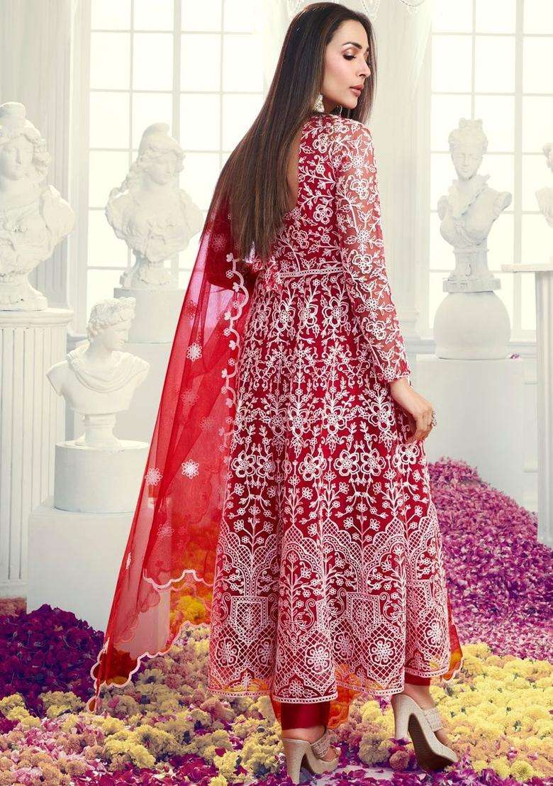 Red Embroidered Net Kurta Set - Indya