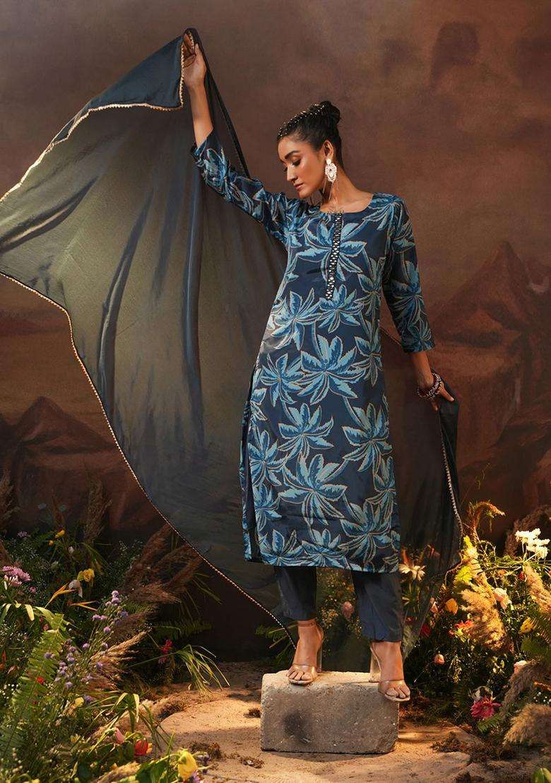 Navy Blue Printed Chinon Kurta Set - Indya