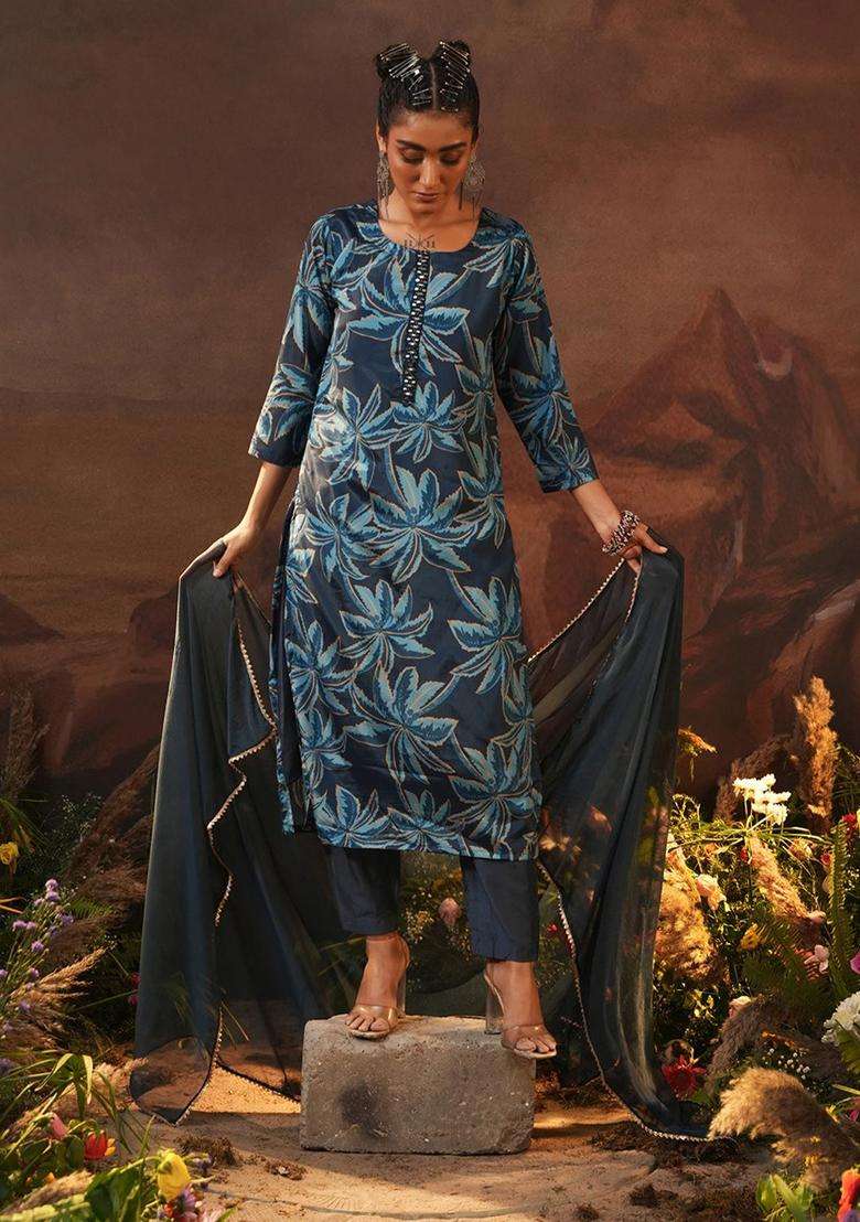 Navy Blue Printed Chinon Kurta Set - Indya