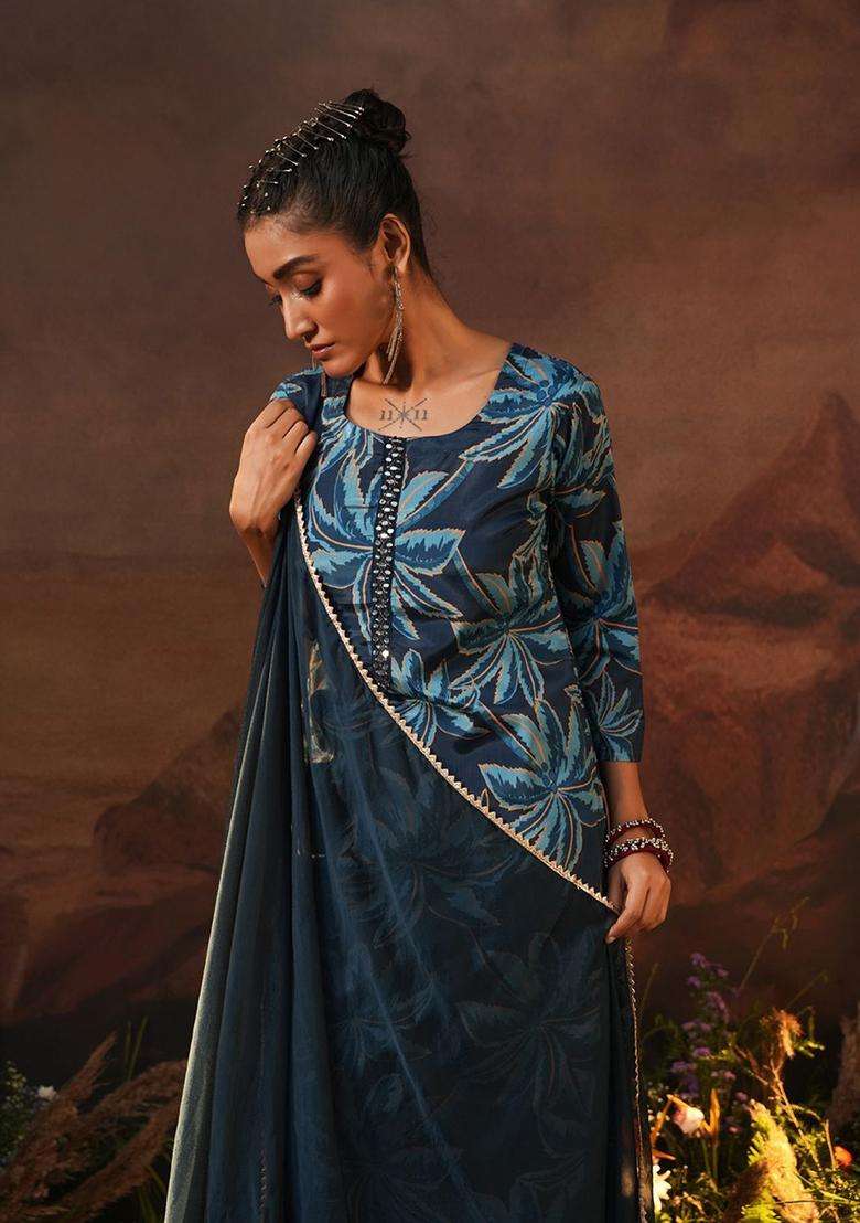 Navy Blue Printed Chinon Kurta Set - Indya
