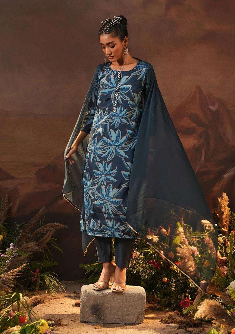 Navy Blue Printed Chinon Kurta Set - Indya