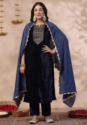 Navy Blue Yoke Design Velvet Kurta Set