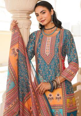 Blue Printed Polyester Kurta Set