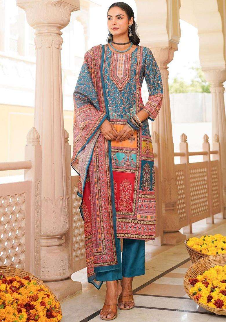 Blue Printed Polyester Kurta Set - Indya