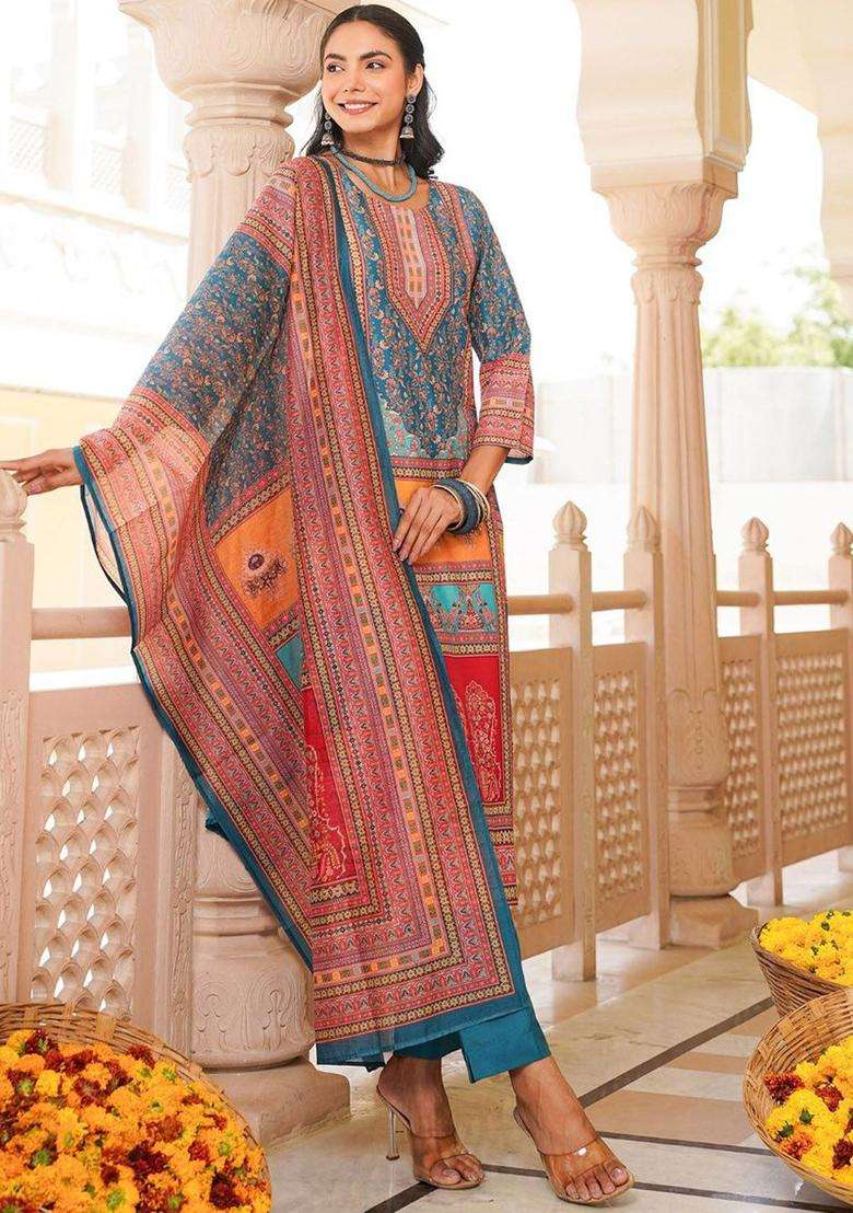 Blue Printed Polyester Kurta Set - Indya
