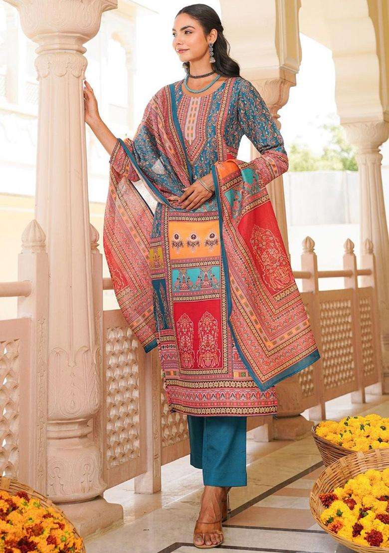 Blue Printed Polyester Kurta Set - Indya
