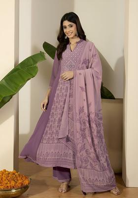 Purple Printed Georgette Anarkali Set