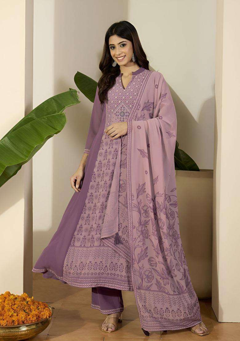 Purple Printed Georgette Anarkali Set - Indya
