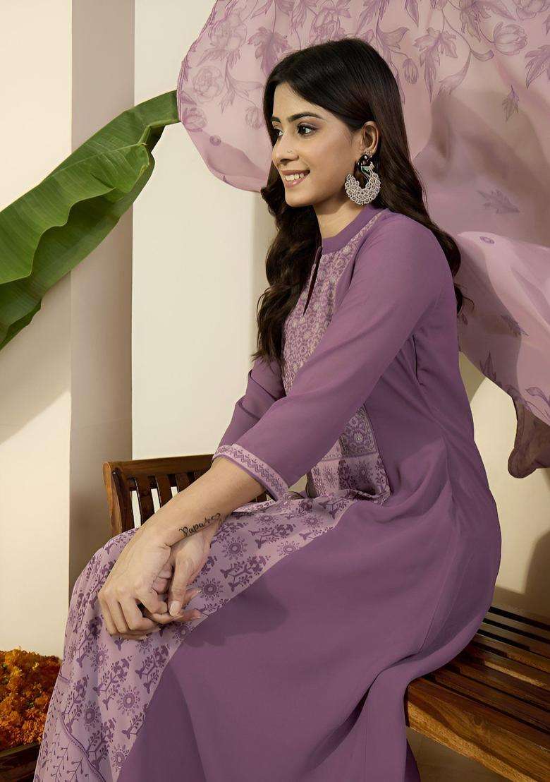 Purple Printed Georgette Anarkali Set - Indya