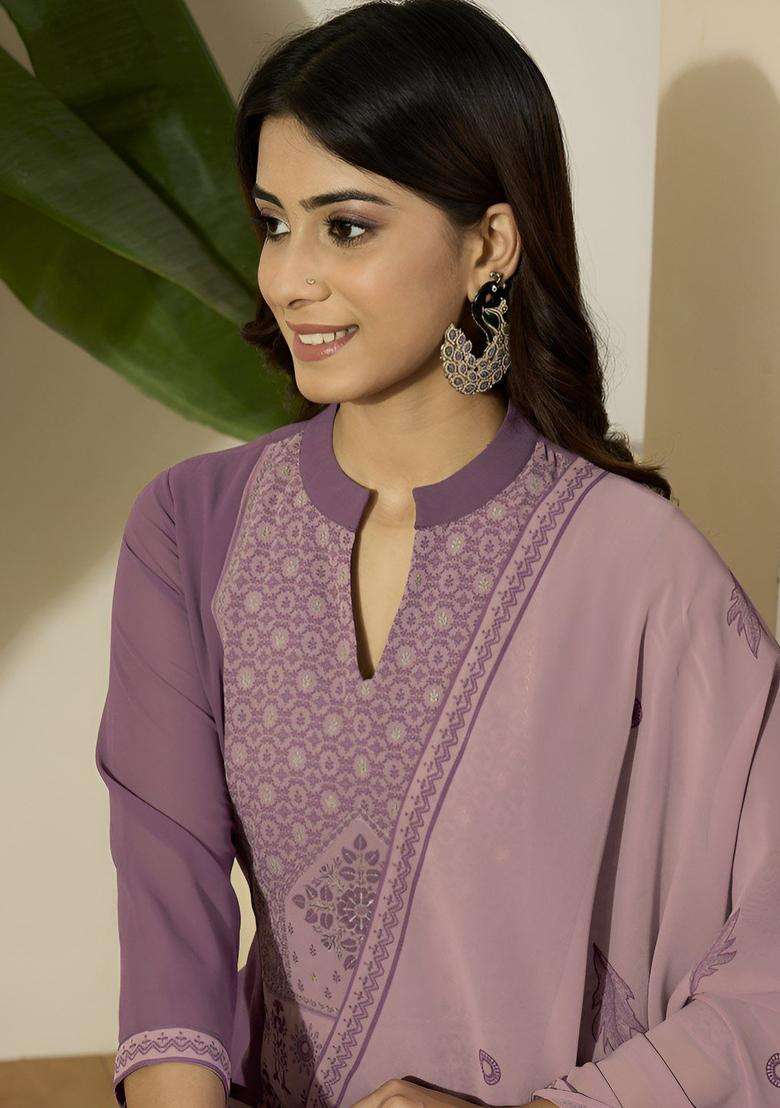 Purple Printed Georgette Anarkali Set - Indya