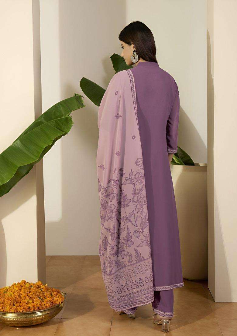 Purple Printed Georgette Anarkali Set - Indya