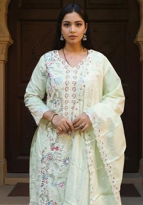 Lime Green Embroidered Cotton Kurta Set