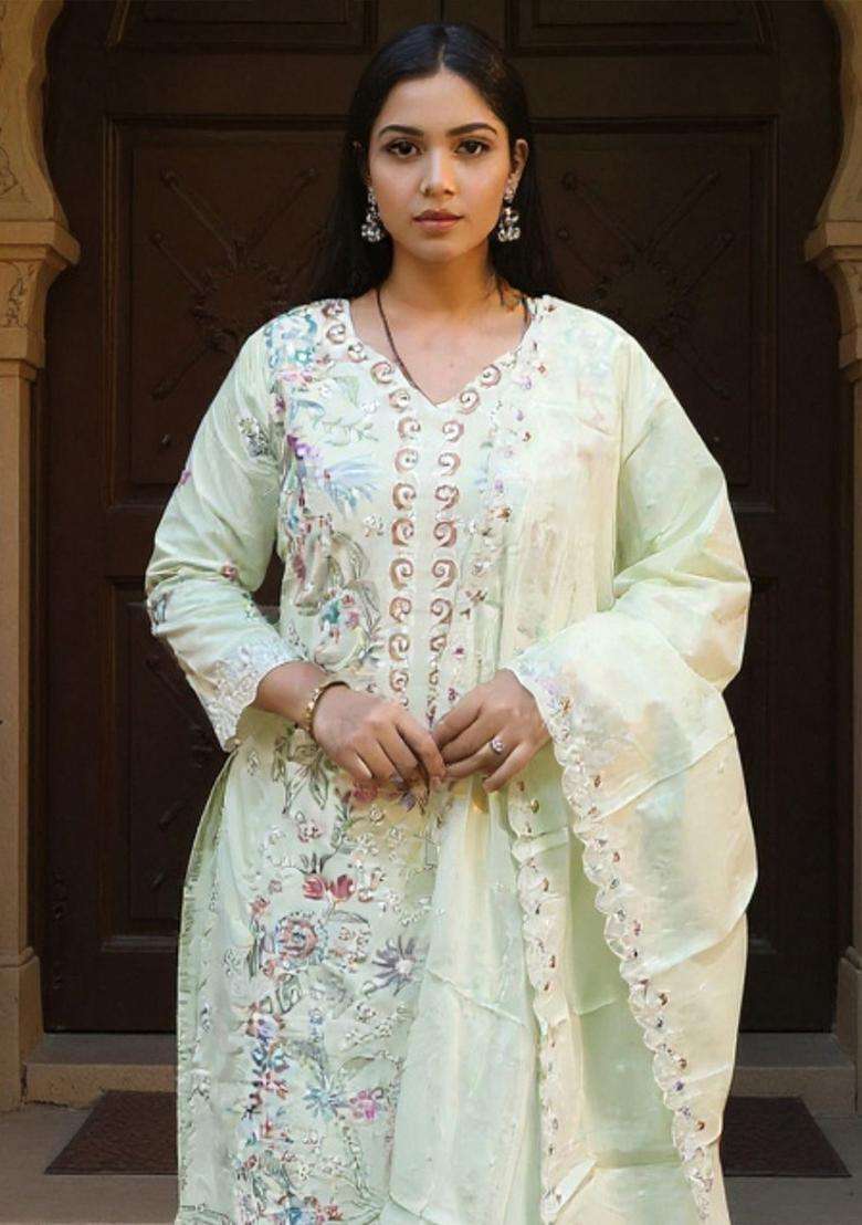 Lime Green Embroidered Cotton Kurta Set - Indya
