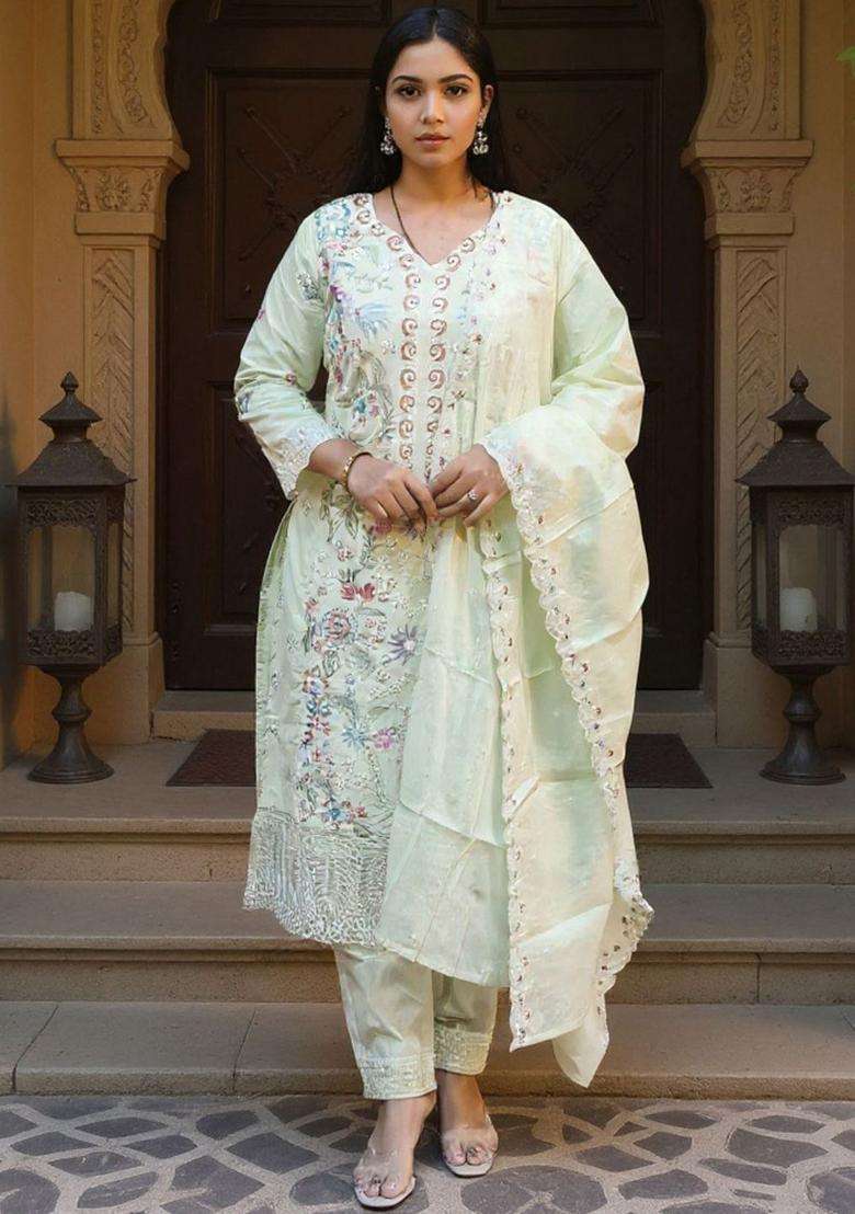 Lime Green Embroidered Cotton Kurta Set - Indya