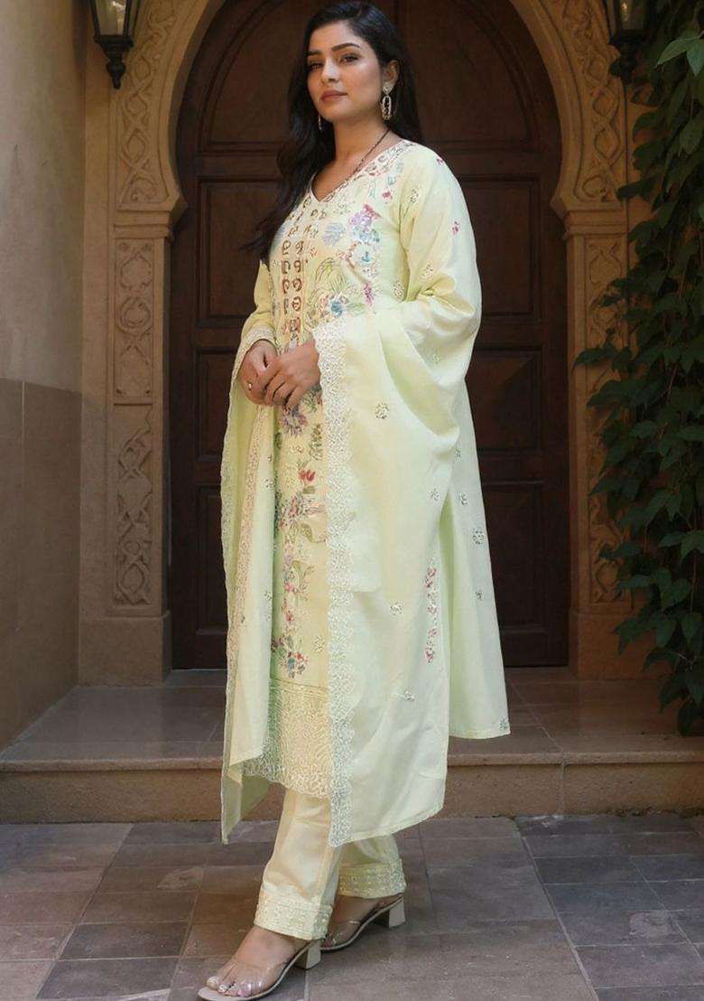 Lime Green Embroidered Cotton Kurta Set - Indya