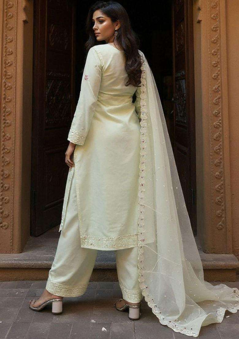 Lime Green Embroidered Cotton Kurta Set - Indya