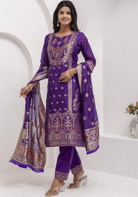 Purple Self Design Silk Kurta Set