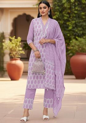 Lavender Printed Cotton Kurta Set