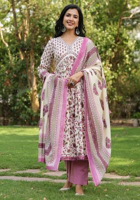 Purple Printed Cotton Kurta Set