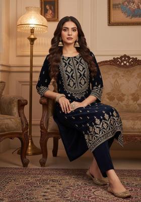 Navy Blue Embroidered Velvet Kurta Set
