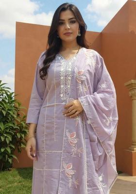Lavender Embroidered Cotton Kurta Set