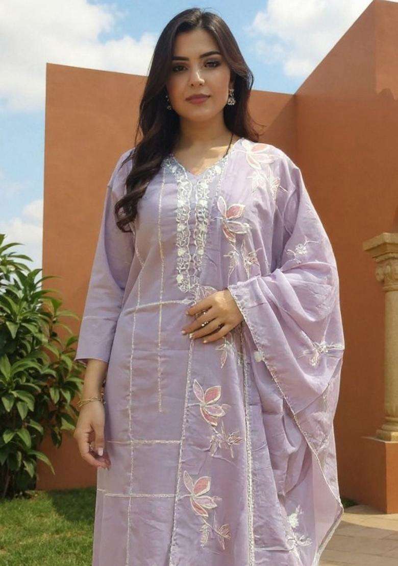 Lavender Embroidered Cotton Kurta Set - Indya