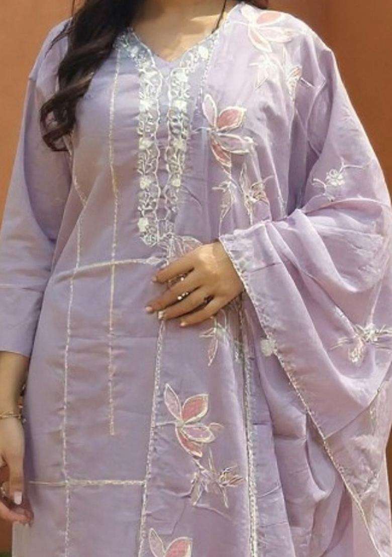 Lavender Embroidered Cotton Kurta Set - Indya