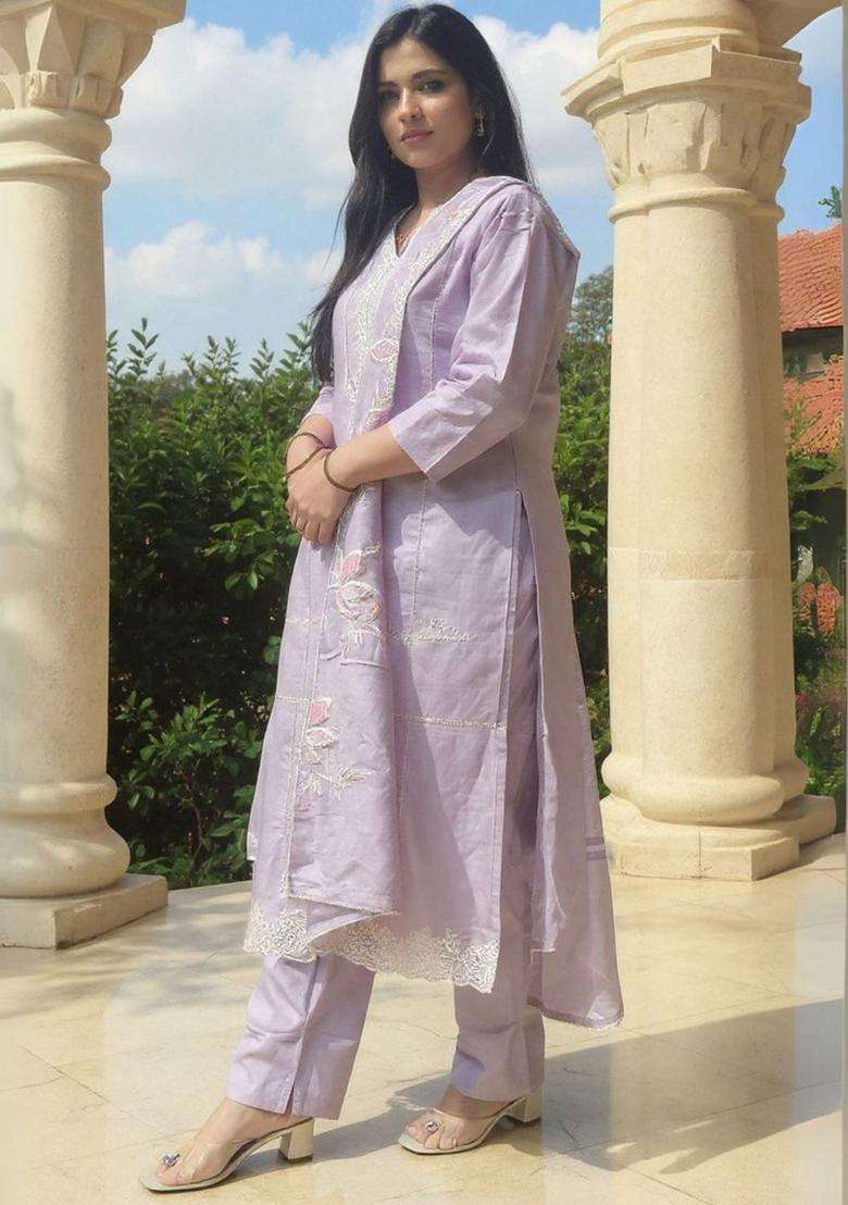 Lavender Embroidered Cotton Kurta Set - Indya
