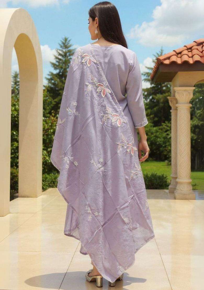 Lavender Embroidered Cotton Kurta Set - Indya