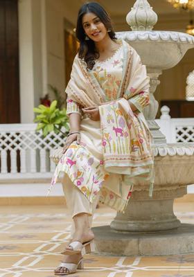 Cream Embroidered Silk Blend Kurta Set