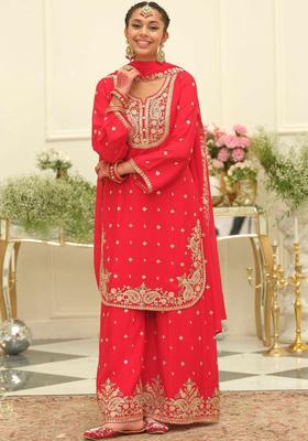 Red Embroidered Chinon Kurta Set