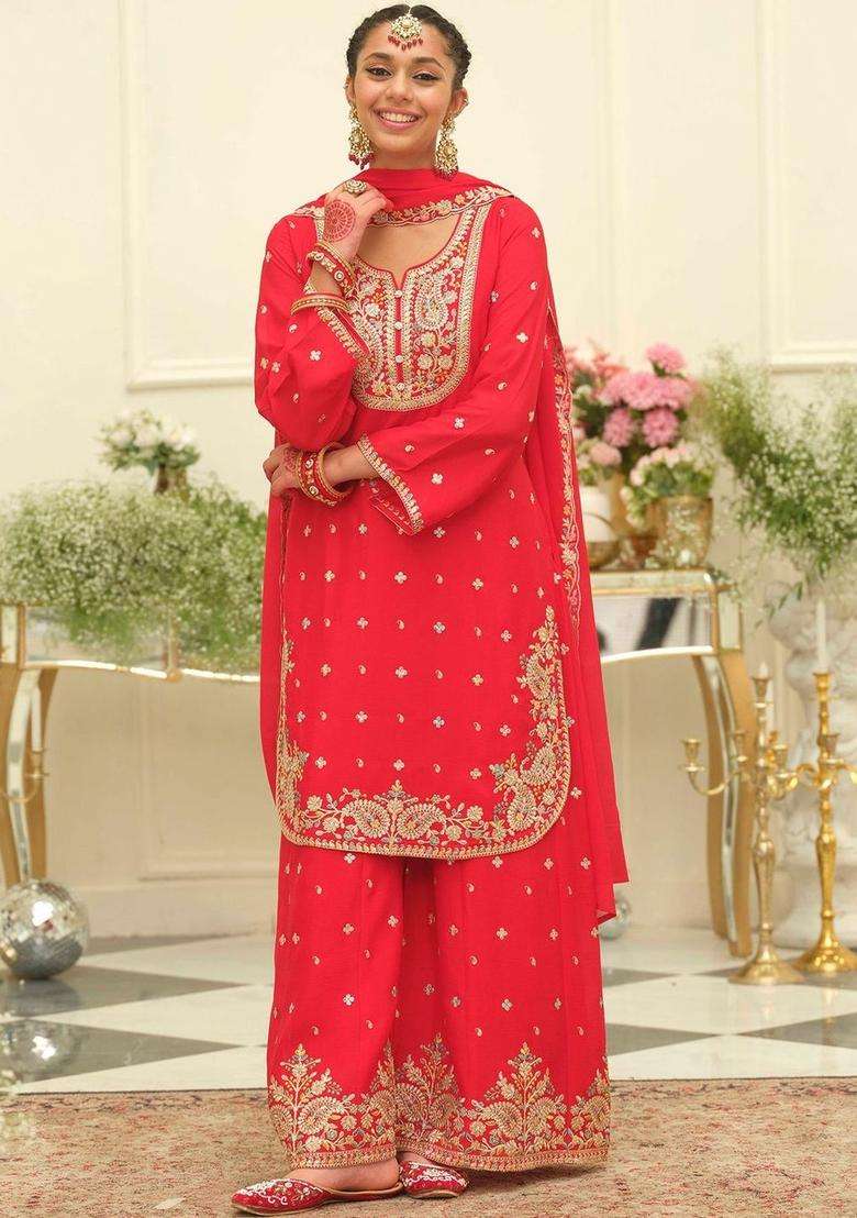 Red Embroidered Chinon Kurta Set - Indya