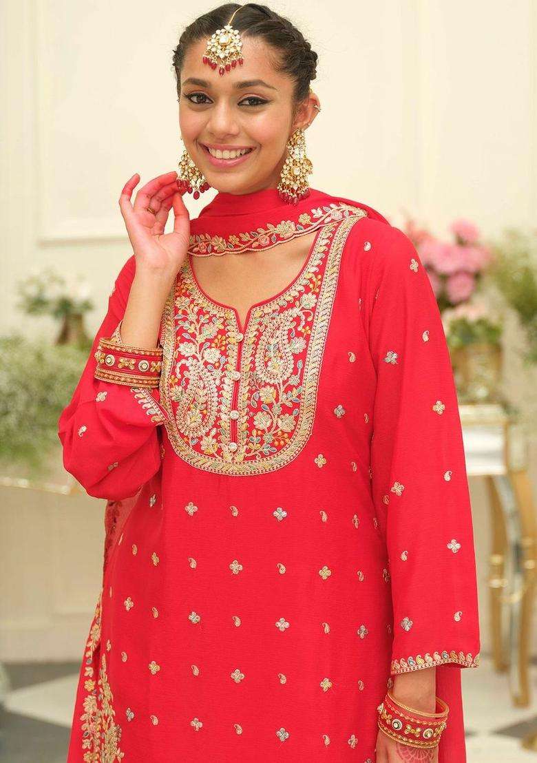 Red Embroidered Chinon Kurta Set - Indya
