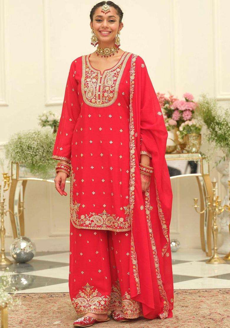 Red Embroidered Chinon Kurta Set - Indya