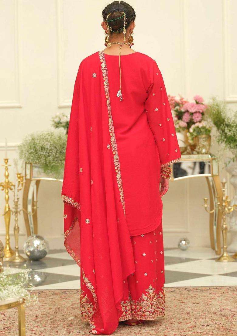 Red Embroidered Chinon Kurta Set - Indya