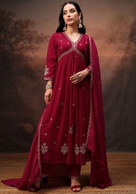 Fuchsia Embroidered Polyester Kurta Set