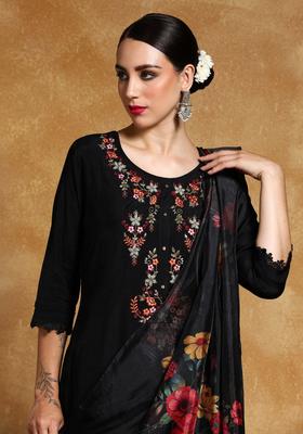 Black Yoke Design Silk Blend Kurta Set