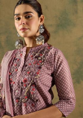 Burgundy Printed Silk Kurta Set