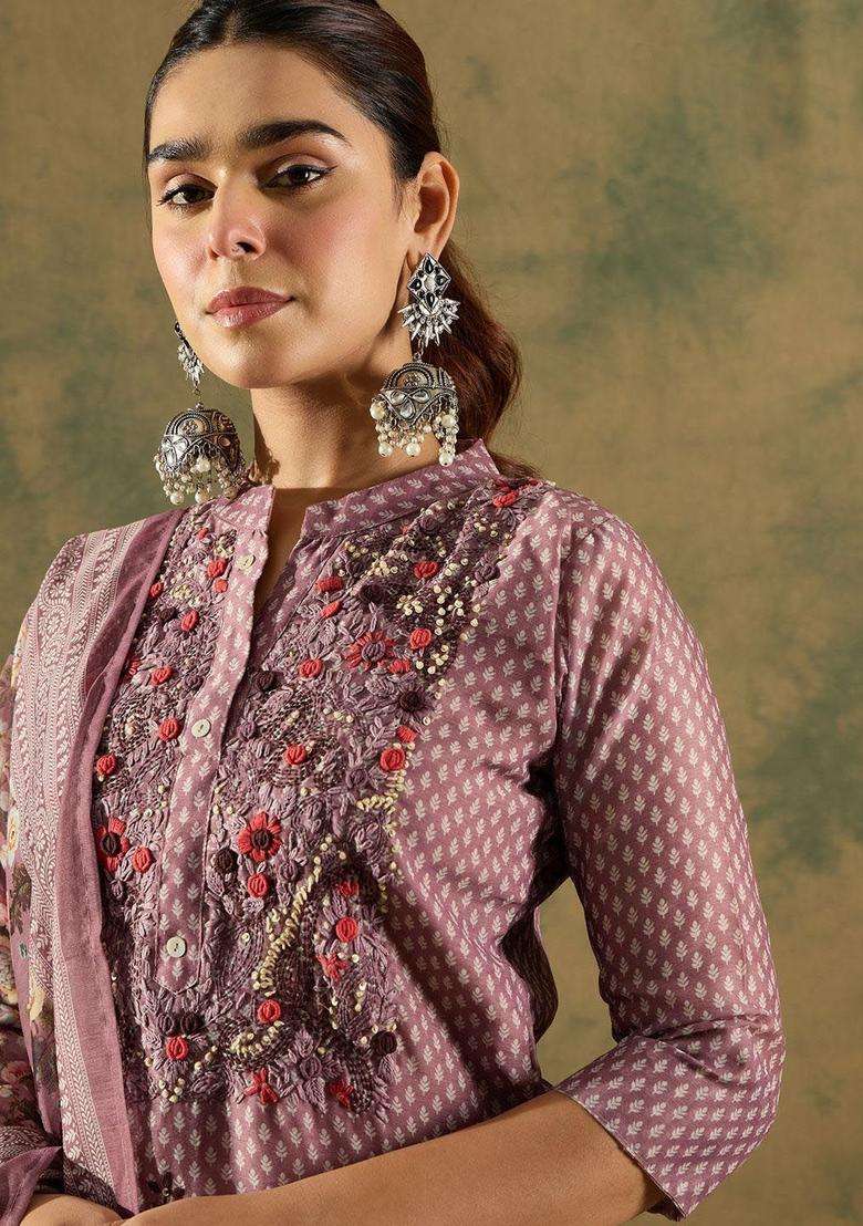 Burgundy Printed Silk Kurta Set - Indya