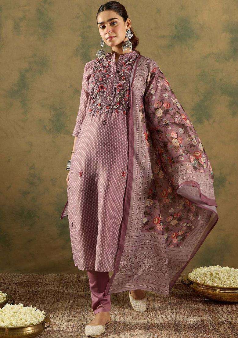 Burgundy Printed Silk Kurta Set - Indya