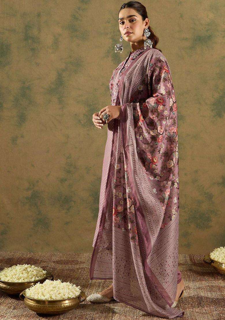Burgundy Printed Silk Kurta Set - Indya