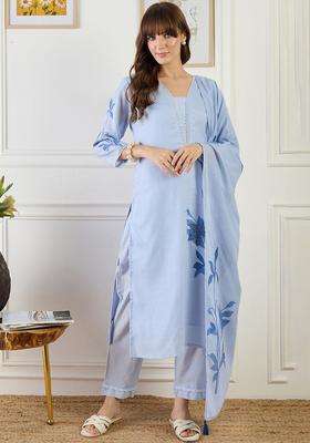 Blue Printed Linen Kurta Set