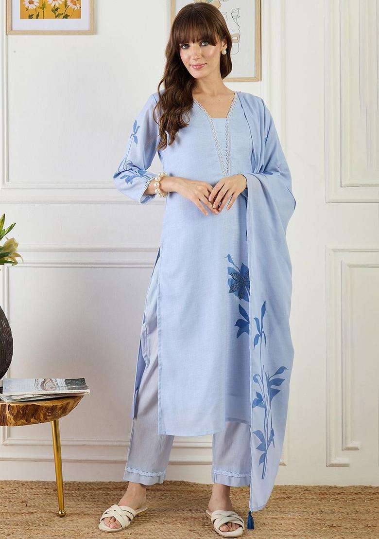 Blue Printed Linen Kurta Set - Indya
