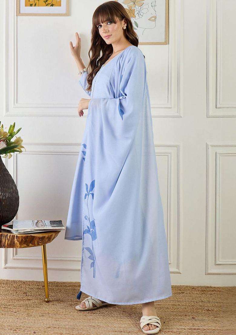 Blue Printed Linen Kurta Set - Indya