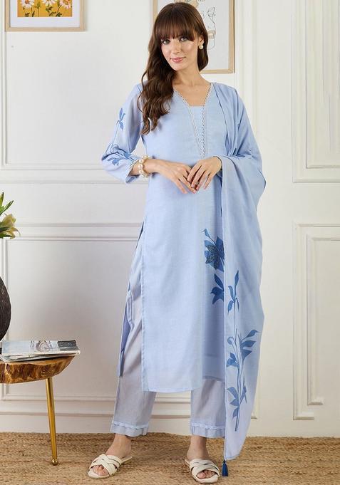 Blue Printed Linen Kurta Set — view on Indya